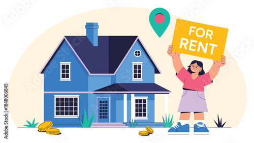 house for rent concept with family holding sign in front of home modern flat illustration for rental property real estate housing and leasing