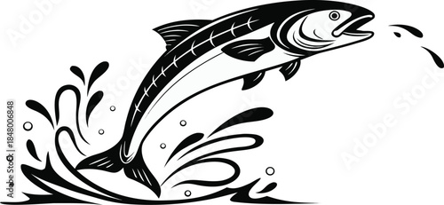 Abstract floral background with black and white tribal fish ornaments featuring a vector shark silhouette and sea life nature art