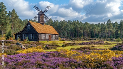 Windmill nestled in colorful moorland