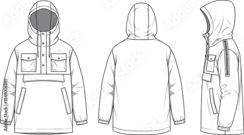 Anorak hooded jacket technical drawing, vector flat fashion sketch, winter pullover hoodie front back side view, apparel design template, CAD drawing flat vector illustration