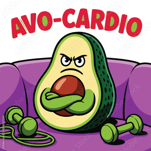 Angry avocado character with dumbbells and jump rope