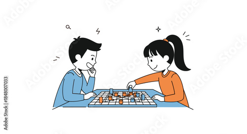 Happy boy and girl characters enthusiastically playing a strategic board game together fostering friendship and friendly competition.