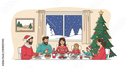 Happy family gathered around a dining table enjoying a festive Christmas dinner together with a decorated tree in the background.