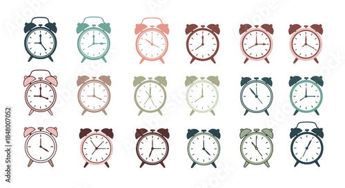 Large set of colorful retro-style alarm clocks in various pastel shades and textures illustrating time and deadlines concepts.