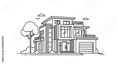 Clean black and white line art illustration depicting a modern two-story family home with a garage balcony and surrounding nature.