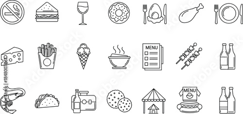 Collection of modern food and restaurant line icons featuring meals, beverages, menus, snacks, and culinary elements for café, dining, and cooking design projects