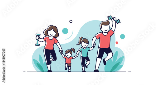 Healthy and active family with two children exercising and jogging together with dumbbells promoting fitness and a healthy lifestyle.