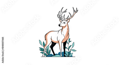 Graceful and majestic stag with large antlers standing proudly among foliage in a clean modern illustration style on white background.