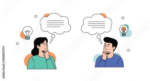 Thoughtful man and woman illustration with hands on chins looking pensive with thought bubbles and lightbulbs for new ideas.