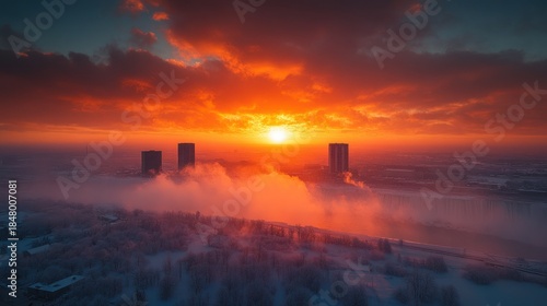 Winter city sunrise, aerial view