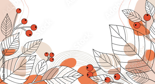 Abstract autumn background with hand-drawn leaves and red berries combined with organic shapes and lines for a modern fall design.