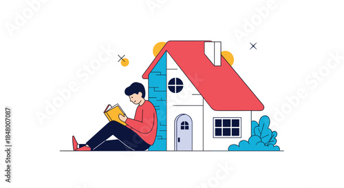 Young man sitting peacefully leaning against a house while reading a book in a charming flat style vector illustration with elements.