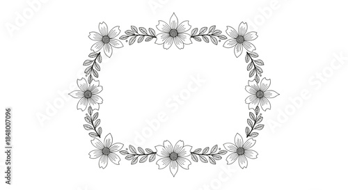 Elegant hand-drawn floral frame made of delicate flowers and leaves in a black and white line art style for invitations or cards.