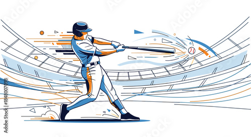 Dynamic and stylized illustration of a baseball player hitting a ball in a stadium creating a powerful motion effect with lines.