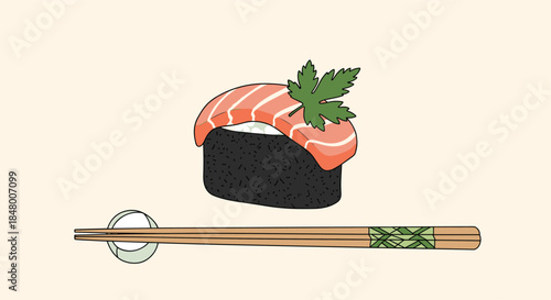 Minimalist hand-drawn illustration of a single piece of salmon nigiri sushi with parsley and chopsticks on a light background.