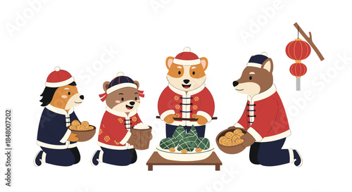 Group of adorable dogs in traditional Chinese costumes gathered to celebrate the Lunar New Year with zongzi and lucky money.