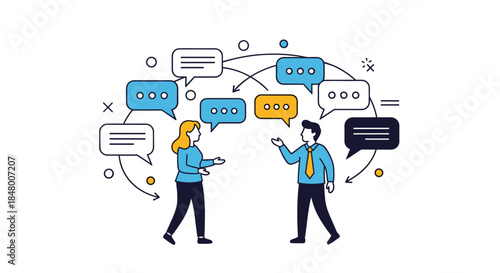 Man and woman engaged in conversation with multiple interconnected speech bubbles illustrating communication networking and discussion.