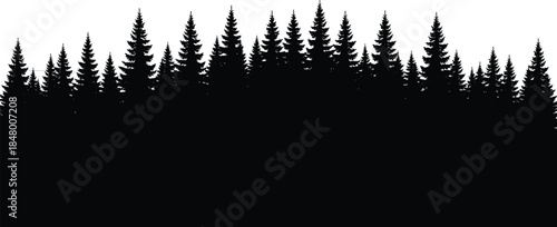 Silhouette of dense pine forest landscape with evergreen trees, natural outdoor woodland vector illustration for nature background and environment design