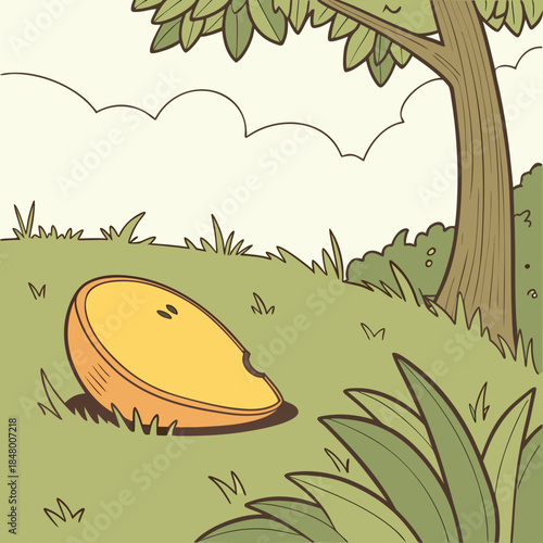Cartoon yellow frisbee on grassy hill under tree outdoors