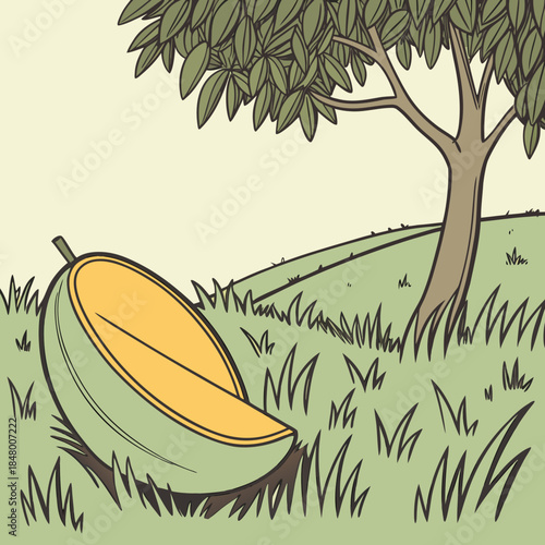 Cartoon papaya tree with half green yellow fruit on grass