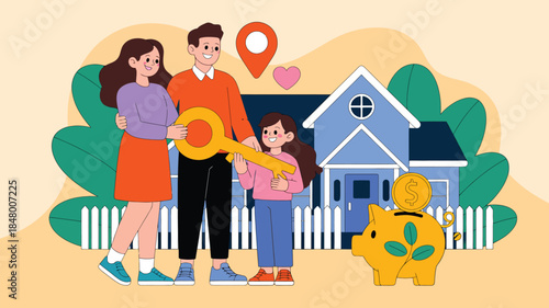 family standing in front of new home with savings piggy bank and location pin modern flat illustration for real estate investment and home ownership