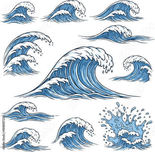 Create a Ocean waves collection. Sea storm wave isolated. Waves, water elements set. Nature wave water storm linear style illustration vector art with white background