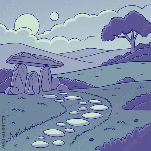 Purple of a stone circle with a tree and puddles grass