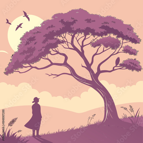 Purple tree with person standing under it looking up at birds flying near the moon
