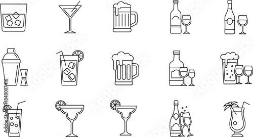 Modern alcoholic beverage and cocktail line icon set featuring beer, wine, mixed drinks, bar tools, and drinkware elements for menu design projects