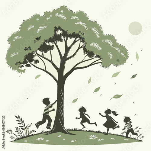 Children playing under a tree on a windy day leaves
