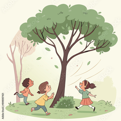 Children playing under a tree outdoors cartoon