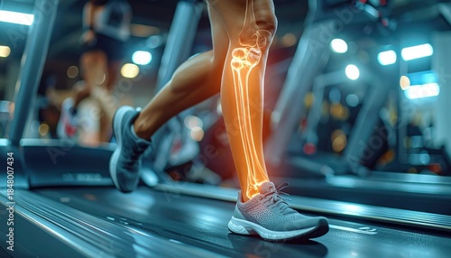Sporty Treadmill Runner with Visible Leg Bones in Gym Setting Image