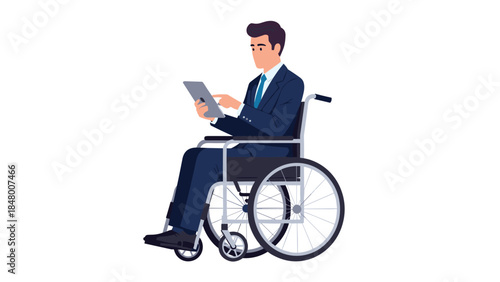 Business professional in a wheelchair uses a digital tablet, demonstrating accessibility and modern work practices.
