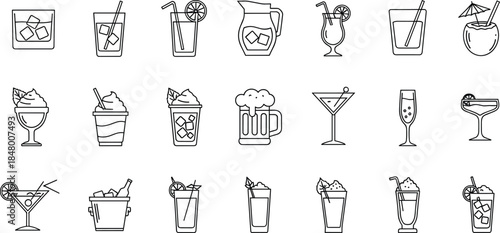 Modern mixed drink and cocktail line icon collection featuring alcoholic beverages, tropical drinks, cold refreshments, bar menu elements, and beverage illustrations