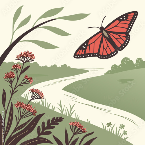 Monarch butterfly flying over winding river with flowers and greenery