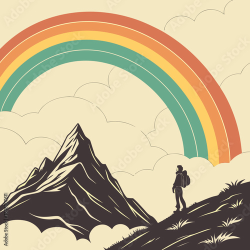 Hiker standing on mountain peak under rainbow clouds