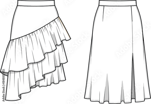 Asymmetrical ruffle skirt front and back technical flat fashion drawing, trendy layered skirt design, apparel cad drawing vector illustration