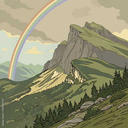 Mountain Landscape with Rainbow nature hills
