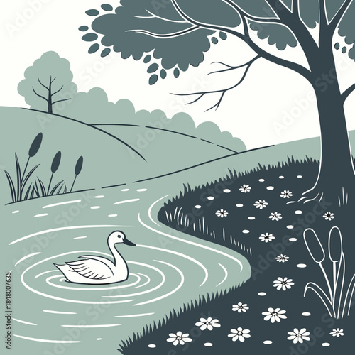 Swan swimming in a pond with flowers and trees water