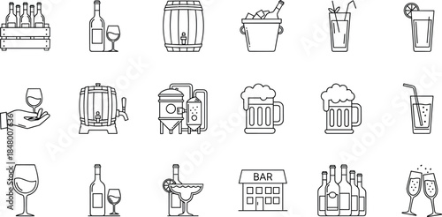 Collection of wine, beer, cocktails, bar equipment, drink glasses, and alcohol beverage brewing outline icons for modern hospitality design projects
