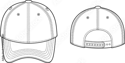 Baseball Cap Front And Back View Technical Fashion CAD Drawing Flat Vector Illustration For Headwear Design Streetwear And Apparel Production