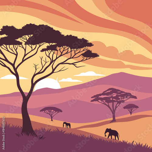 African savannah landscape with acacia trees and elephants at sunset
