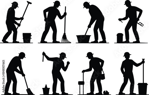 Silhouette of construction workers doing various tasks, industrial laborers with tools, teamwork, maintenance, repair, hard work, vector illustration design