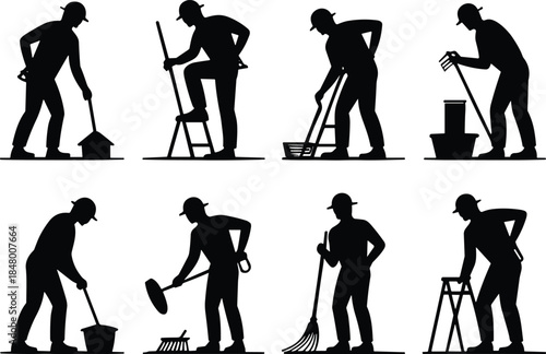 Silhouette of construction workers performing various tasks, industrial labor team with tools, working men, maintenance, repair, vector illustration design