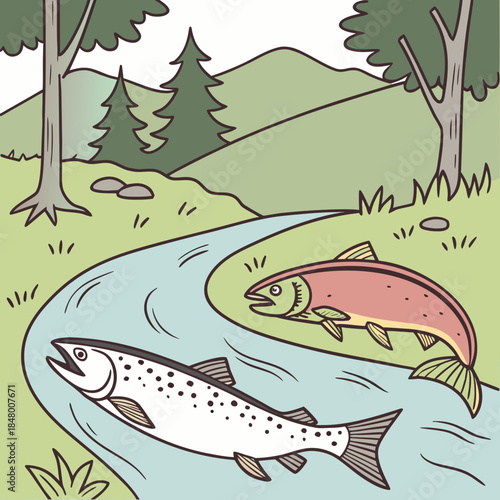 Cartoon fish swimming in a stream river water