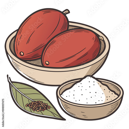 Bowl of mangoes with leaf and spice fruit spices
