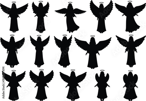 Angel silhouette collection with halo and wings, religious spiritual icon set, Christmas holiday decoration design, cad drawing flat vector illustration