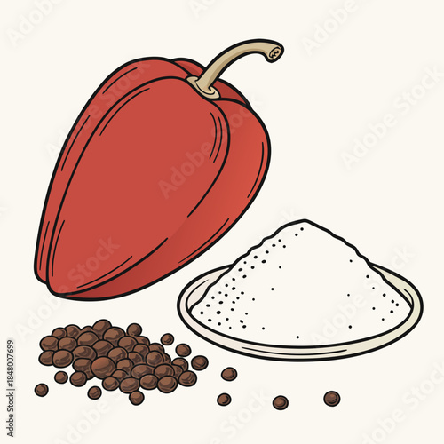 Red bell pepper with salt and peppercorns spice seasoning