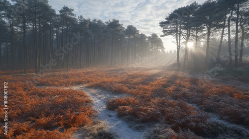 Winter sunbeams in a frosted forest