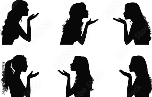 Beautiful, woman, silhouette, blowing, kiss, pose, set, vector, illustration, female, profile, gesture, fashion, concept, black, shape, beauty, style, graphic, design
